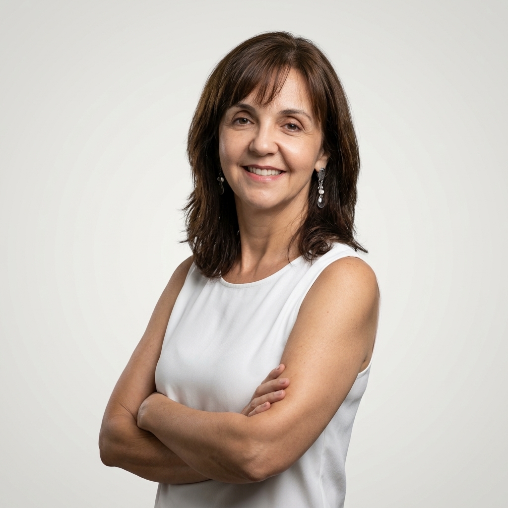 Retrato de Ana Silvia Diniz Makluf, professora da pós-graduação da FCM-MG, com cabelos castanhos na altura dos ombros e franja. Veste blusa branca sem mangas, usa brincos pendentes e aparece sorrindo, com os braços cruzados, diante de fundo claro.