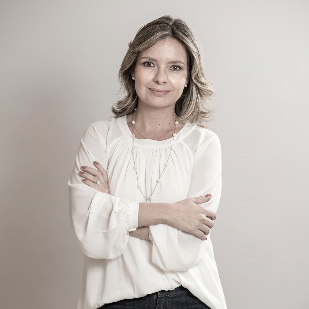 Retrato da professora Elisa Barbosa Monteiro de Castro, com cabelos loiros na altura dos ombros, blusa branca de mangas longas e braços cruzados. Está sorrindo discretamente diante de um fundo bege-acinzentado.
