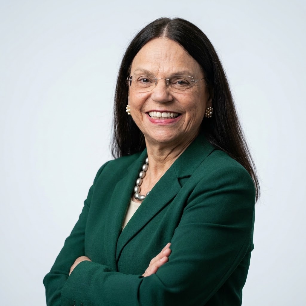 Retrato da professora Elza Lúcia Baracho Lotti de Souza, mulher de cabelos longos e escuros, usando óculos de armação fina, blazer verde-escuro, colar de pérolas e brincos. Aparece sorrindo, com os braços cruzados, diante de um fundo claro.