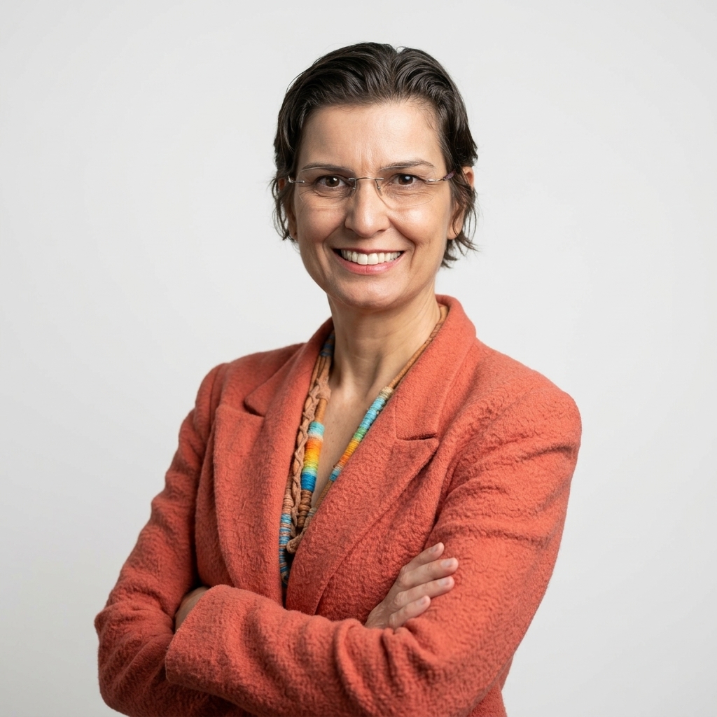 Retrato da professora Fernanda Saltiel Barbosa Velloso, com cabelos curtos castanhos, óculos de armação fina e blazer em tom coral. Está sorrindo, com os braços cruzados, diante de um fundo cinza-claro.