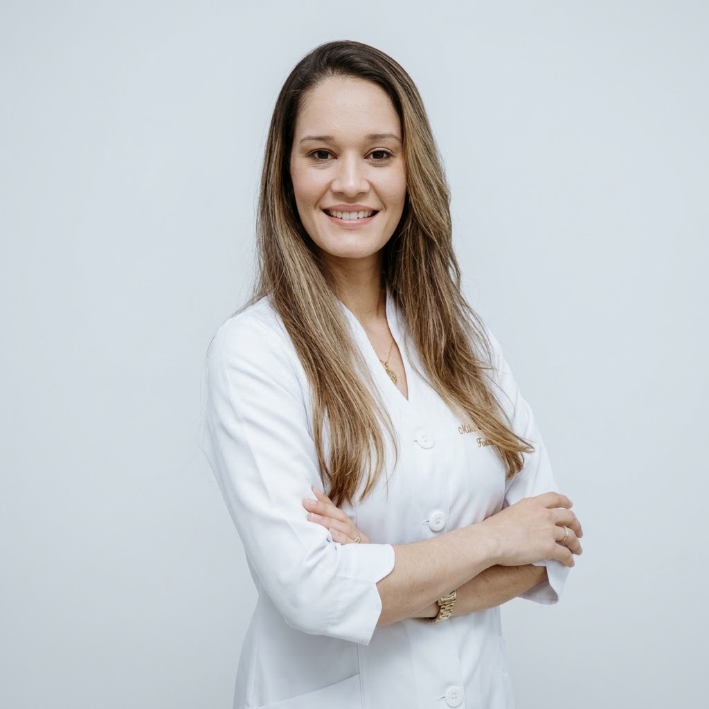 Retrato de Gerdeany Mendes da Rocha, fisioterapeuta com cabelos longos, lisos e castanho-claros, vestindo jaleco branco. Está sorrindo, com os braços cruzados, diante de um fundo cinza-claro.