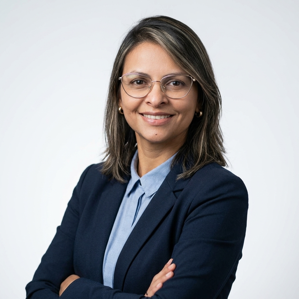 Retrato da professora Graciane Silva Bruzinga Borges, com cabelos castanhos na altura dos ombros, mechas claras e óculos de armação fina. Veste blazer azul-marinho sobre camisa azul-clara e está de braços cruzados, sorrindo diante de fundo cinza-claro.
