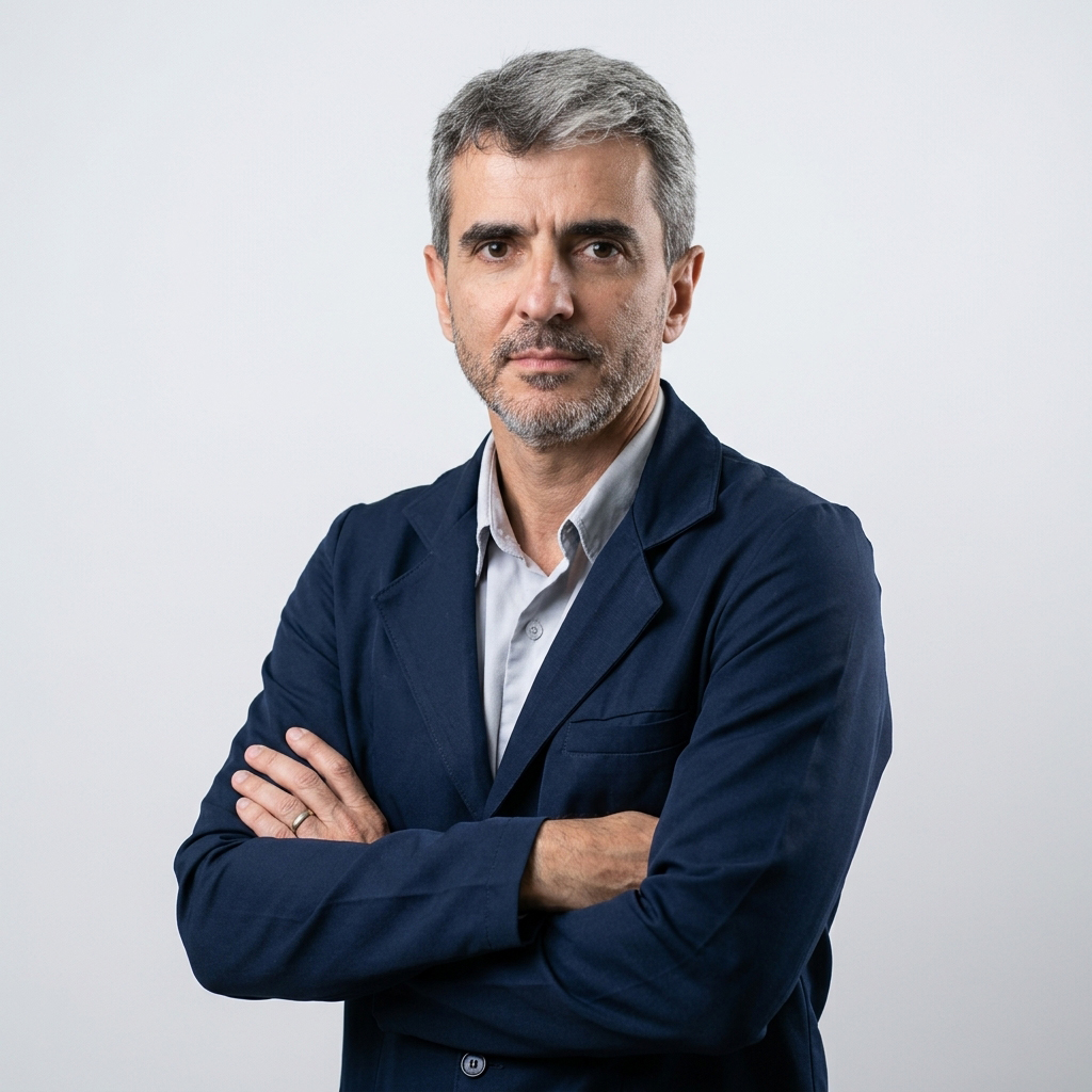 Retrato do professor João Marcos Neto, com cabelos curtos grisalhos e barba curta, vestindo blazer azul-marinho sobre camisa cinza-clara. Aparece com os braços cruzados e expressão séria, diante de um fundo cinza-claro.