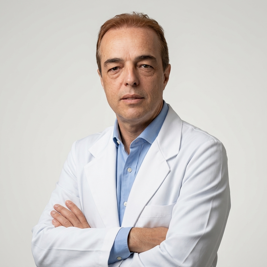 Retrato institucional de João Oscar de Almeida Falcão Júnior, médico e coordenador da Pós-graduação em Vídeo Histeroscopia da FCM-MG. Possui cabelos curtos castanho-claros, veste jaleco branco sobre camisa azul-clara e aparece com os braços cruzados, diante de fundo cinza-claro.