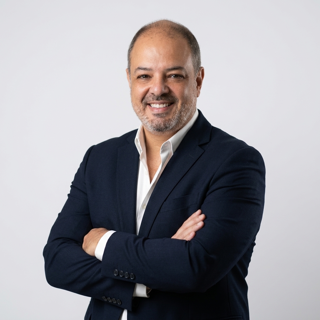 Retrato do professor José Antonio de Mello Zelaquett, com cabelos curtos grisalhos, barba curta e sorriso. Veste blazer azul-marinho sobre camisa branca, com os braços cruzados, diante de fundo cinza-claro.