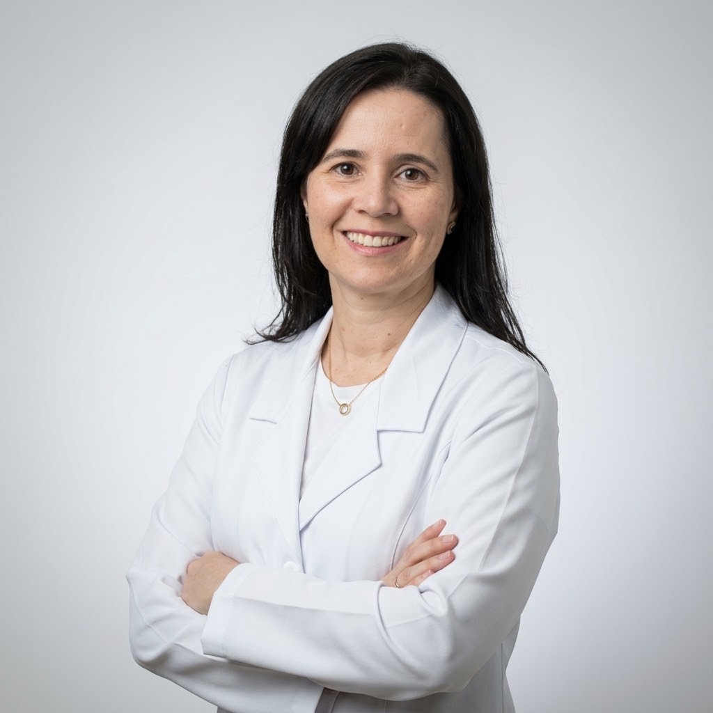 Retrato de Luciana Moreno Marques, fisioterapeuta de cabelos longos, lisos e escuros, vestindo jaleco branco sobre blusa clara. Está sorrindo, com os braços cruzados, diante de um fundo cinza-claro.