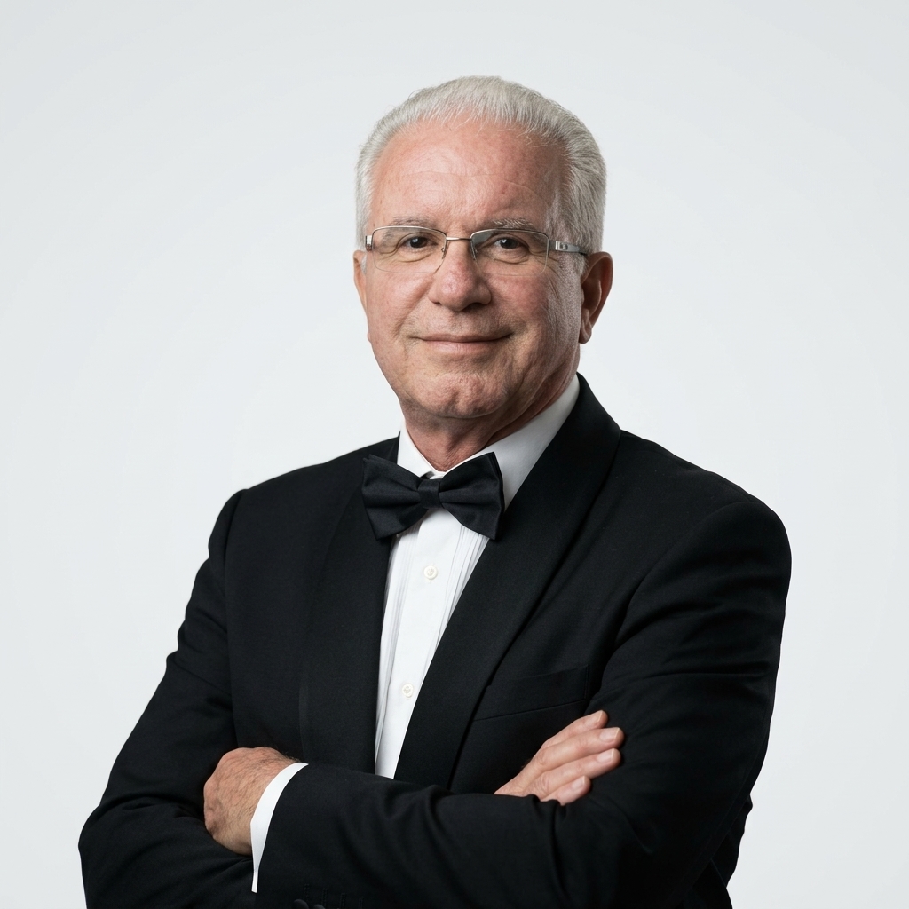Retrato do professor Paulo Cesar Rodrigues Palma, com cabelos brancos curtos e óculos de armação metálica. Veste smoking preto, camisa social branca e gravata-borboleta preta, com os braços cruzados e expressão levemente sorridente.