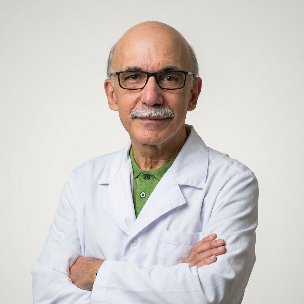 Retrato do professor Sérgio Flávio Munhoz de Camargo, homem de cabelos brancos curtos e óculos de armação metálica. Veste smoking preto, camisa branca e gravata-borboleta preta, com os braços cruzados e um sorriso discreto.
