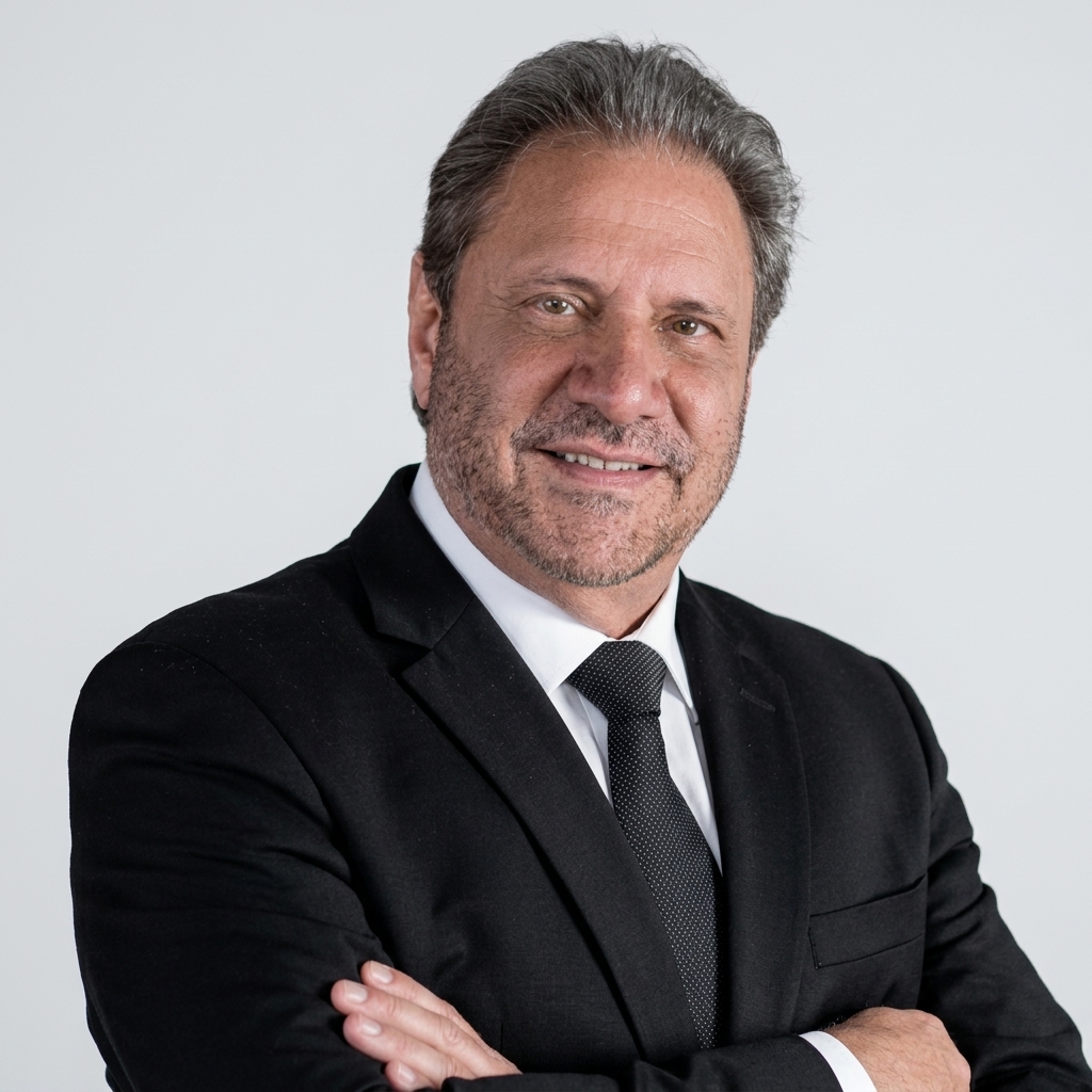 Retrato do professor Walter Antônio Prata Pace, homem de cabelos grisalhos penteados para trás e barba curta. Veste terno preto, camisa branca e gravata escura, com os braços cruzados e um sorriso discreto.
