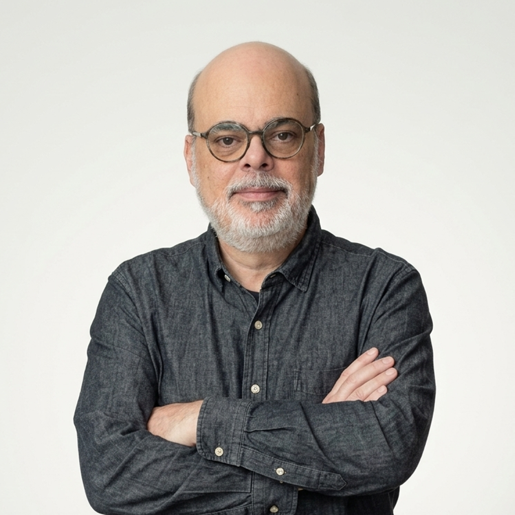 Retrato do professor Antonio Toledo Júnior, usando óculos de armação redonda e camisa cinza-escura, com os braços cruzados diante de fundo neutro.