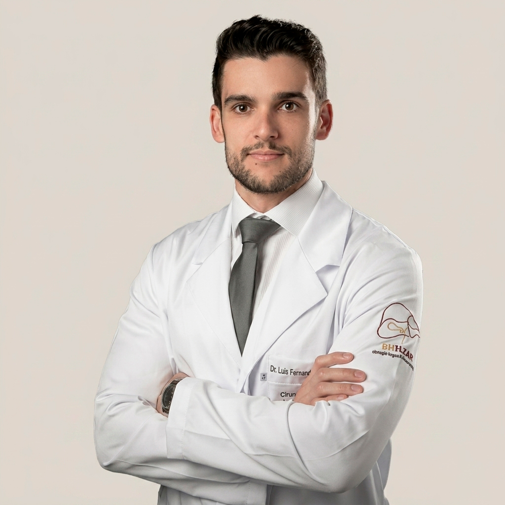 Fotografia de meio corpo do médico Dr. Luís Fernando Resende Lima Marques, um homem jovem, de pele clara, cabelos e barba castanhos curtos e bem aparados. Ele está de braços cruzados, sorrindo de forma sutil e profissional para a câmera. Veste jaleco branco de mangas longas sobre camisa social branca e gravata cinza. O fundo da imagem é uma cor sólida e neutra em tom bege claro.