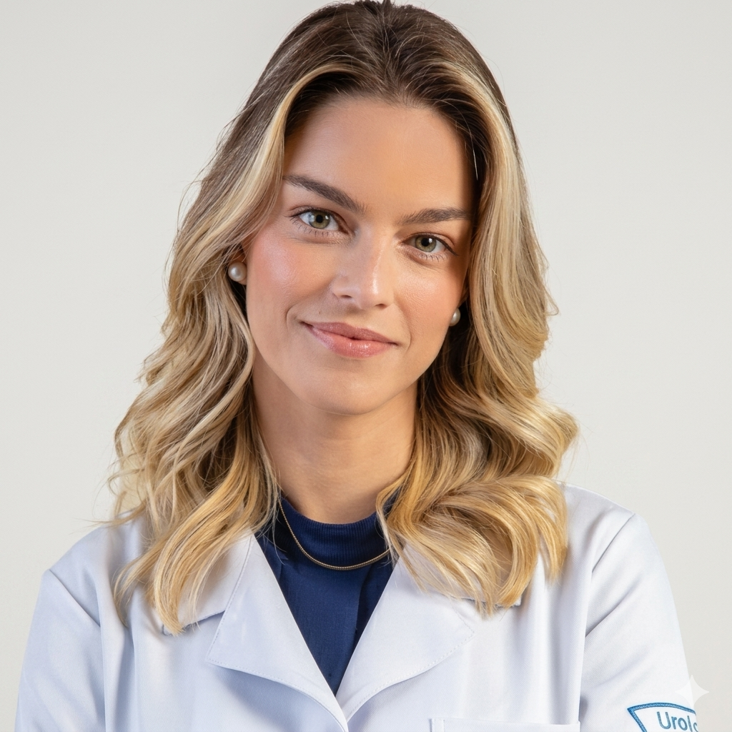 Fotografia de perfil profissional da urologista Dra. Stella D’Ávila de Souza Ramos. Ela é uma mulher jovem com cabelos loiros ondulados de comprimento médio, sorrindo e olhando diretamente para a câmera. Está vestindo um jaleco médico branco sobre uma blusa azul-escura com detalhes de colar dourado discreto. Na manga esquerda do jaleco, há um fragmento visível de um brasão bordado com a palavra "Urologia". O fundo é uma cor neutra sólida de estúdio em tom off-white.