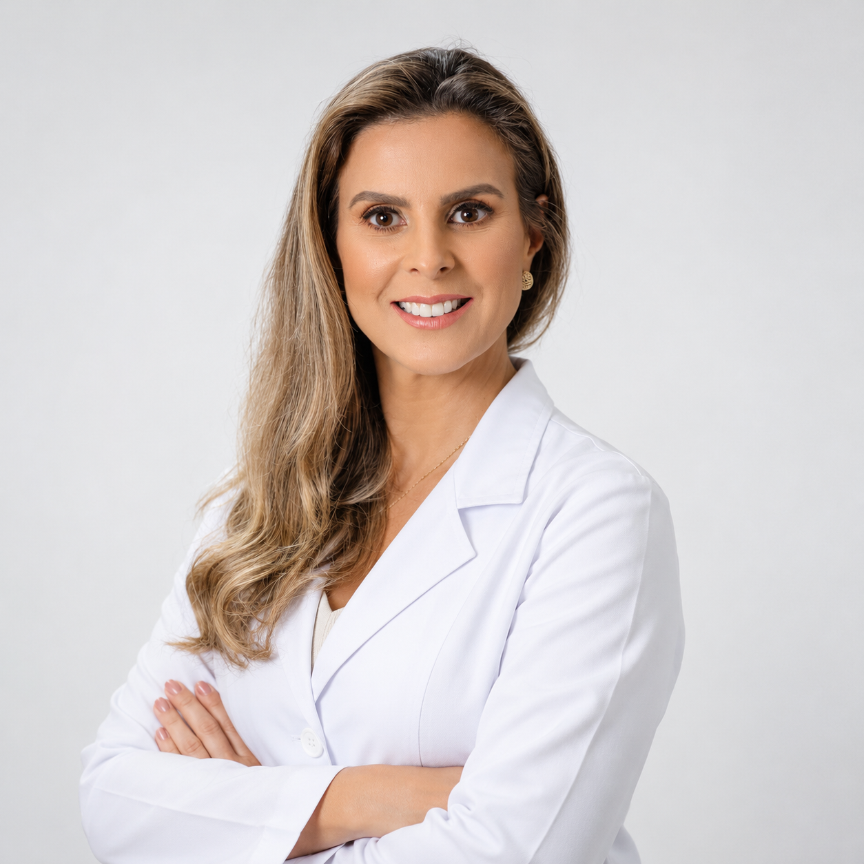 Retrato institucional de Ana Luiza Alvarenga Gomes, médica ginecologista com experiência em histeroscopia e cirurgia ginecológica minimamente invasiva. Possui cabelos longos e loiros, veste jaleco branco e aparece sorrindo, com os braços cruzados, diante de fundo cinza-claro.