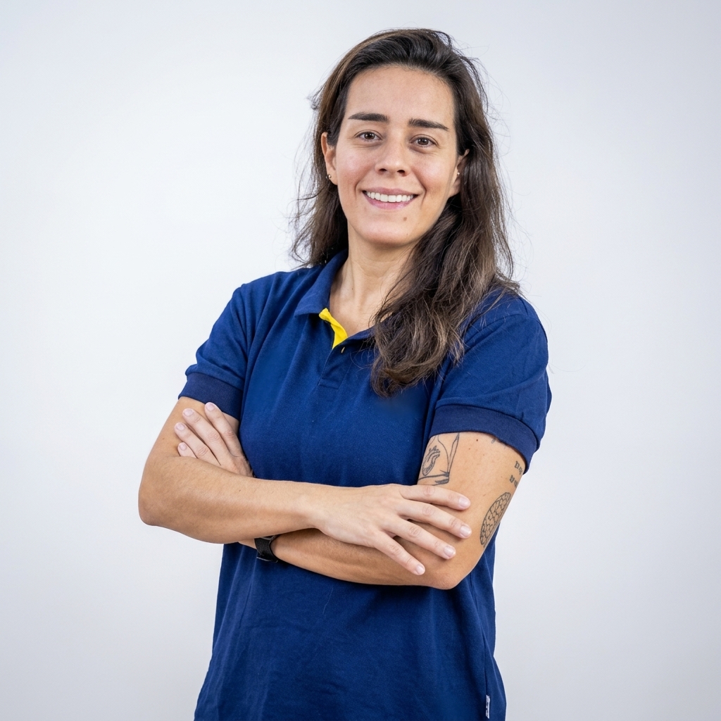 Retrato da professora Bárbara Messias Gosling, sorrindo, com cabelos castanhos longos, vestindo camisa polo azul-marinho com detalhe amarelo na gola e braços cruzados, diante de fundo claro.