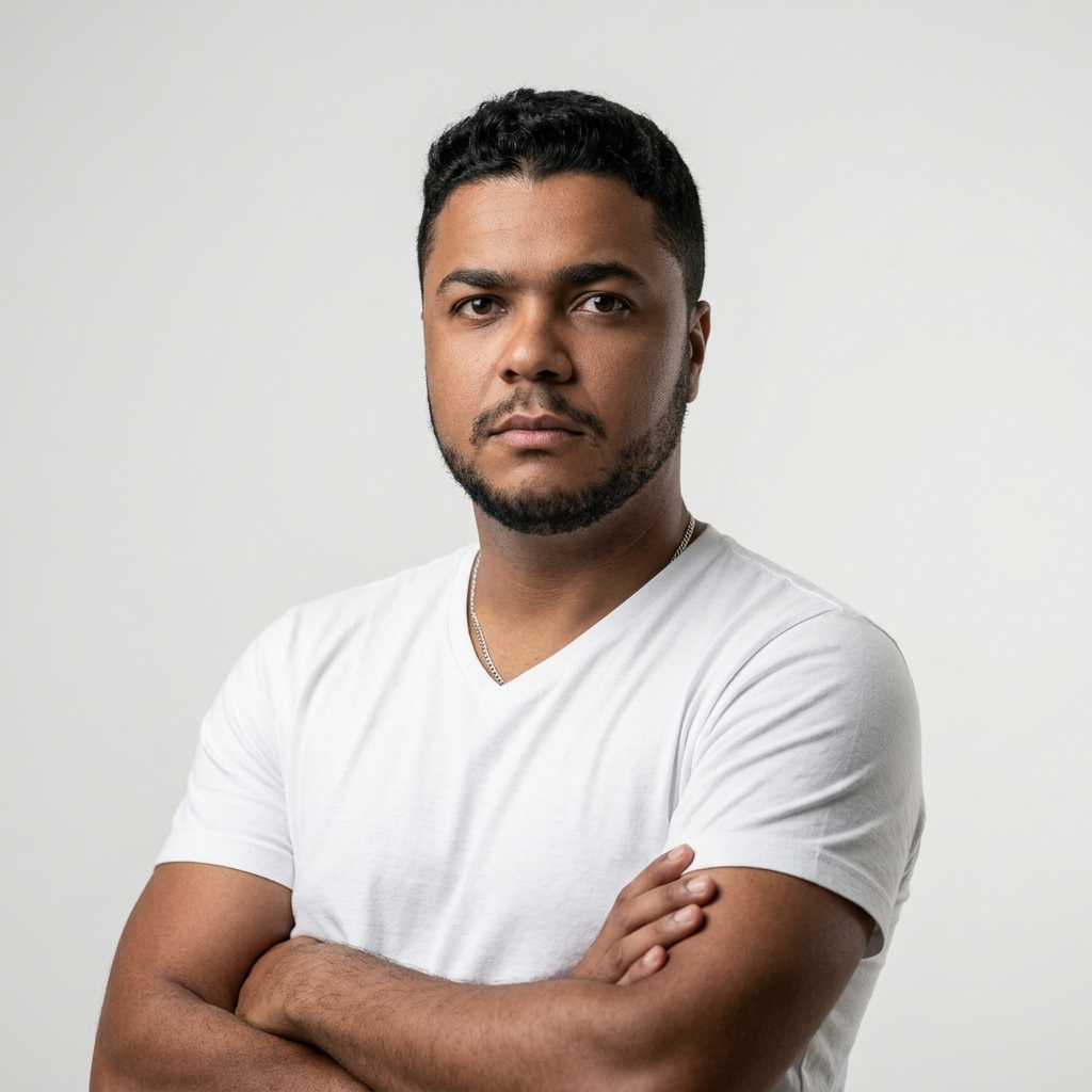 Retrato do professor Diego Henrique Antunes Nascimento, com cabelos curtos e escuros, barba, camiseta branca e braços cruzados, diante de fundo neutro claro.
