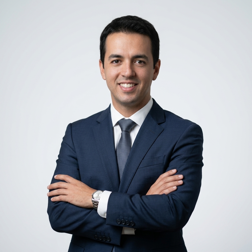 Retrato do professor Elder Lopes Bhering, sorrindo, com cabelos curtos e escuros, vestindo terno azul-marinho, camisa branca e gravata cinza, com os braços cruzados diante de fundo claro.