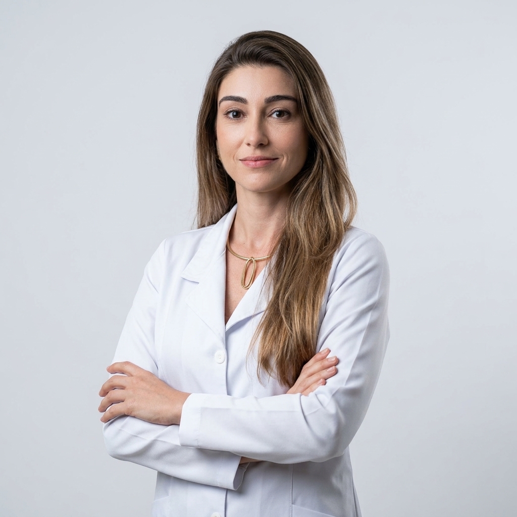 Retrato de Fernanda Moreira Gonçalves, fisioterapeuta de cabelos longos e castanho-claros, vestindo jaleco branco e colar dourado. Está com os braços cruzados, olhando para a câmera, diante de fundo cinza-claro.