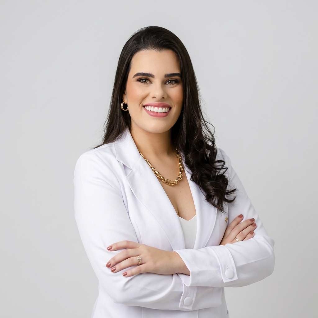 Retrato da médica Jéssica Almeida Horta Duarte, com cabelos castanhos escuros e ondulados, jaleco branco, acessórios dourados e braços cruzados, sorrindo diante de fundo claro.