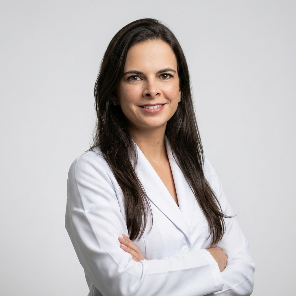 Retrato da médica Julia Alves Dias, com cabelos castanhos escuros, longos e lisos, vestindo jaleco branco e com os braços cruzados, sorrindo diante de fundo claro.