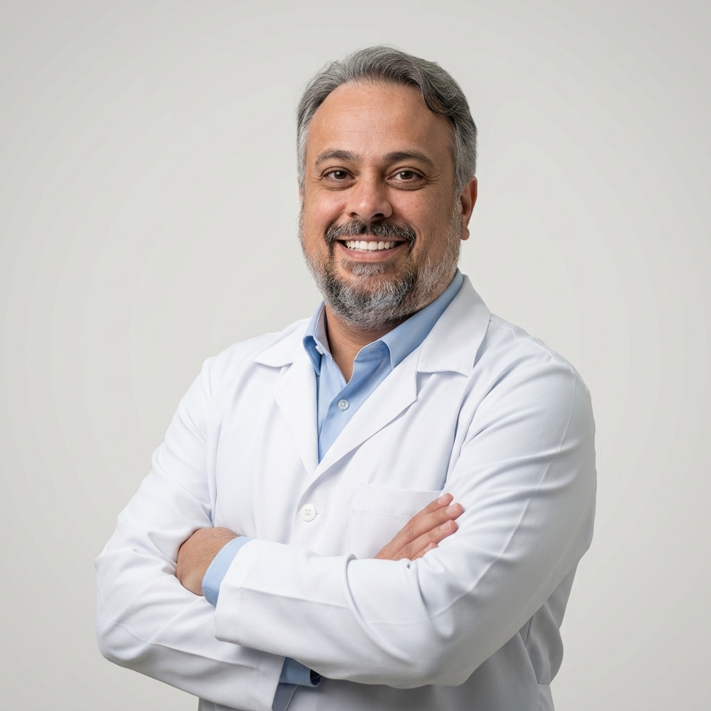 Retrato do professor Leonardo Silva Augusto, com cabelos curtos grisalhos, barba grisalha e sorriso. Veste jaleco branco sobre camisa azul-clara e está de braços cruzados, diante de fundo claro.