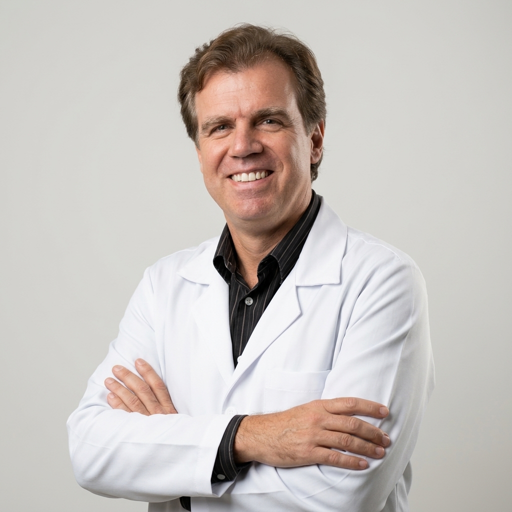 Retrato de Lucas Barbosa da Silva, médico de cabelos castanho-claros curtos, vestindo jaleco branco sobre camisa preta com listras discretas. Está sorrindo, com os braços cruzados, diante de um fundo cinza-claro.