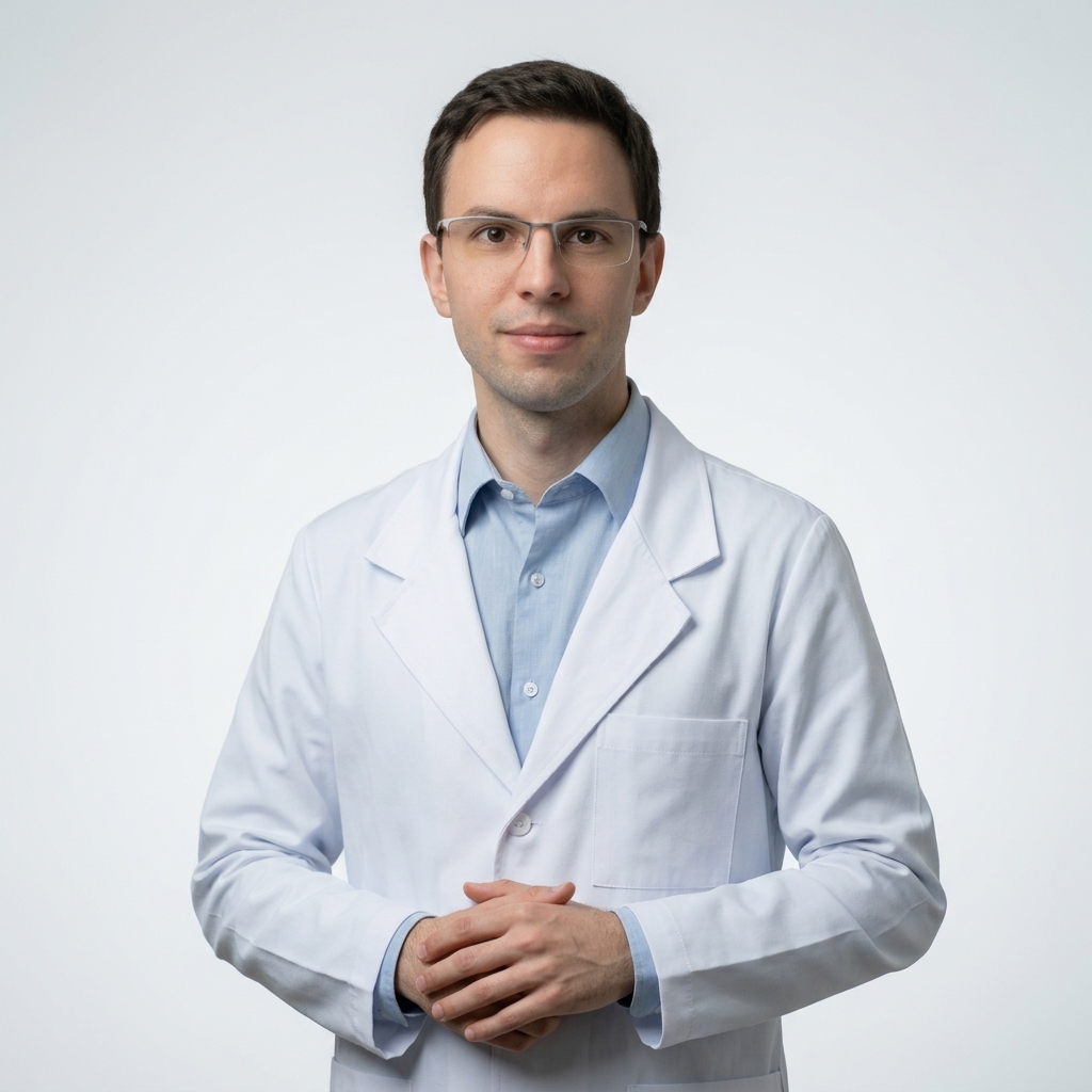 Retrato do professor Lucas Galuppo Fernandes Felix, usando óculos, jaleco branco sobre camisa azul-clara e com as mãos unidas à frente do corpo, diante de fundo claro.