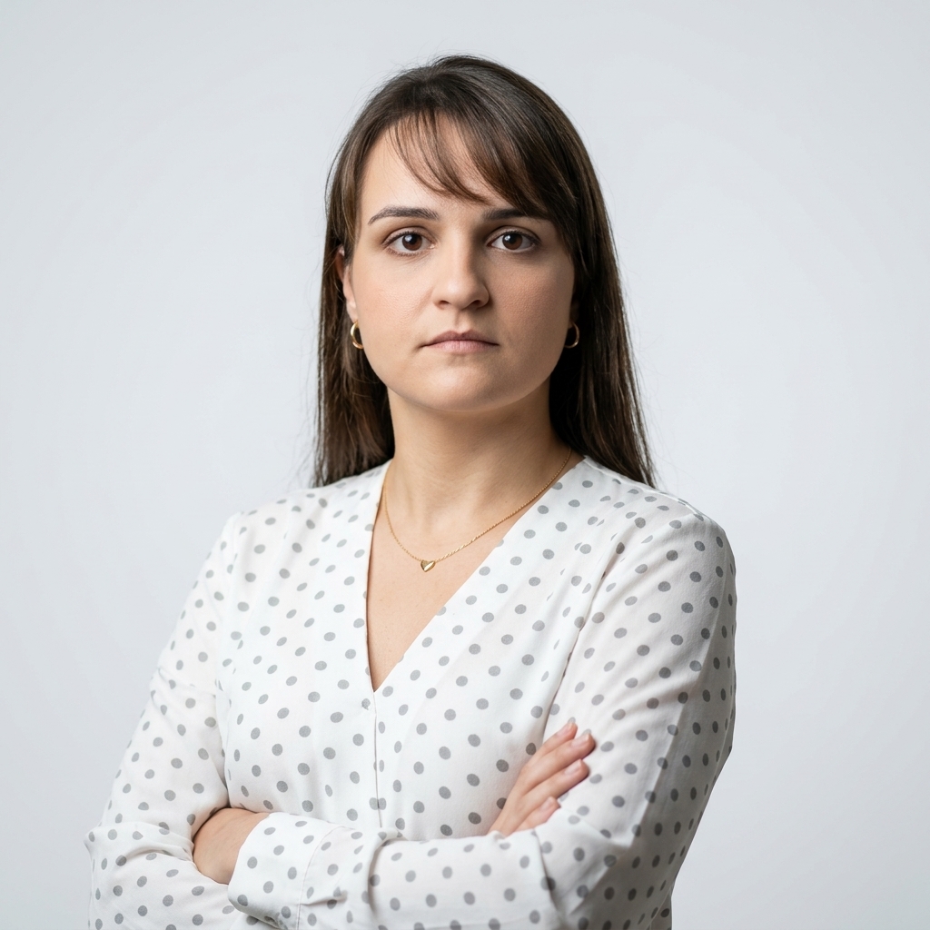 Retrato da professora Luciana Horta Viana Perdigão, com cabelos castanhos lisos e franja lateral. Veste blusa branca de bolinhas cinzas, usa brincos dourados e está de braços cruzados, diante de fundo claro.
