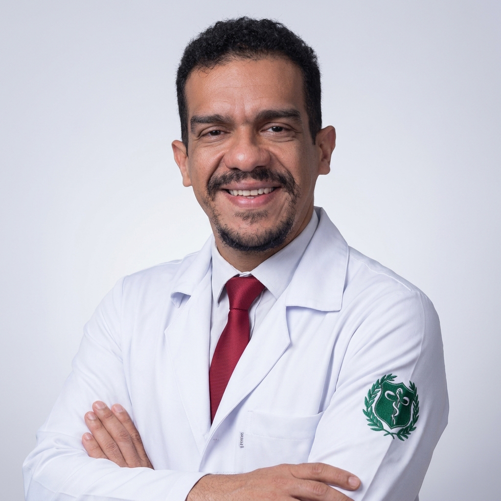 Retrato do professor Luiz Gustavo Oliveira Brito, com cabelos pretos curtos e cacheados, bigode e cavanhaque. Veste jaleco branco sobre camisa social clara e gravata vermelha, com os braços cruzados e expressão sorridente.