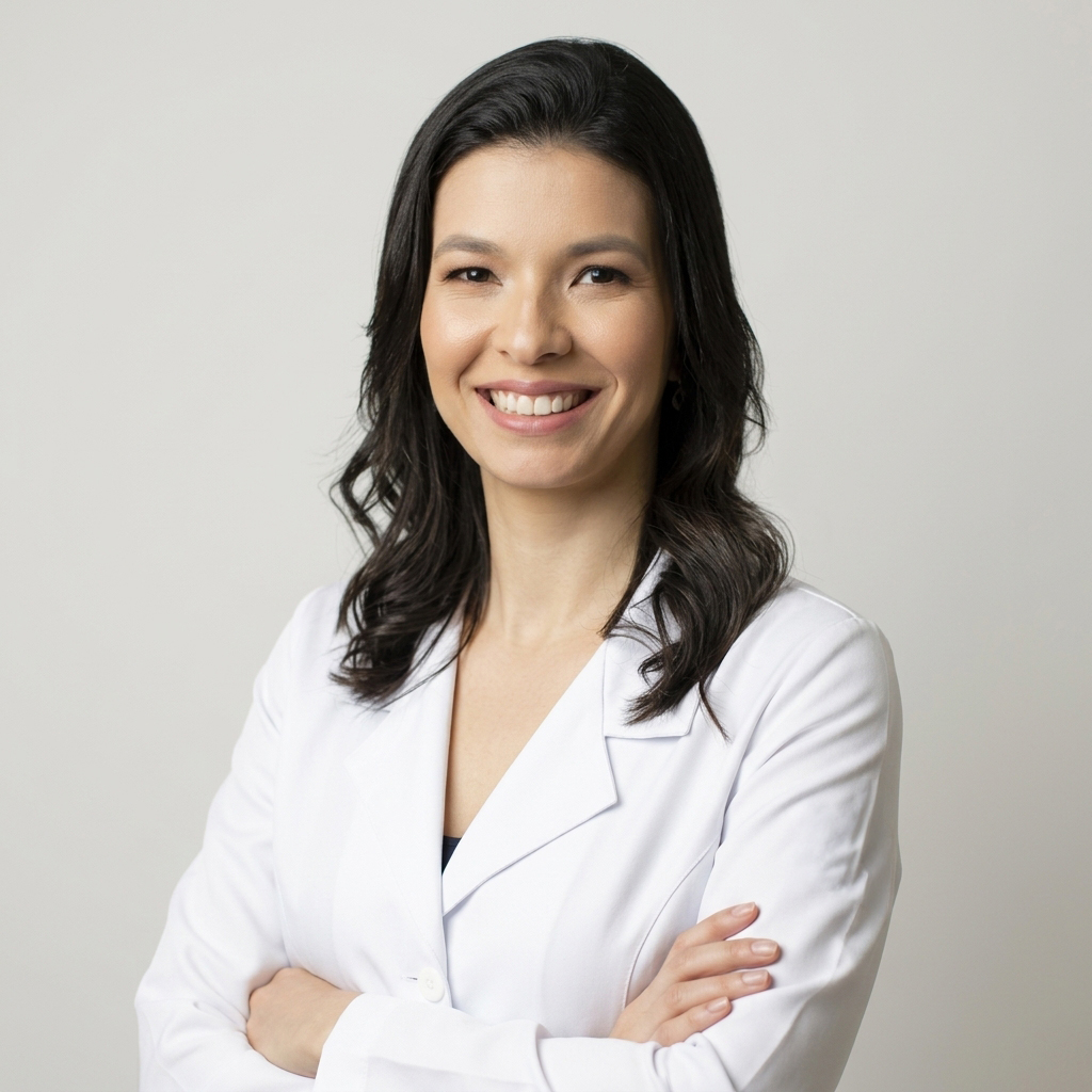 Retrato da médica Paola Gaston Giostri, com cabelos pretos, longos e ondulados, vestindo jaleco branco, com os braços cruzados e expressão sorridente diante de fundo claro.