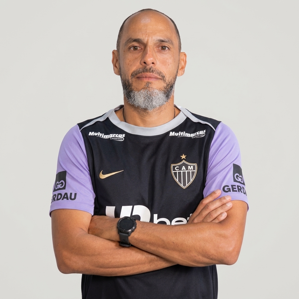 Retrato do professor Ricardo Herlland Seguins de Lima, com braços cruzados, vestindo camisa de treinamento do Clube Atlético Mineiro nas cores preta e lilás, diante de fundo claro.