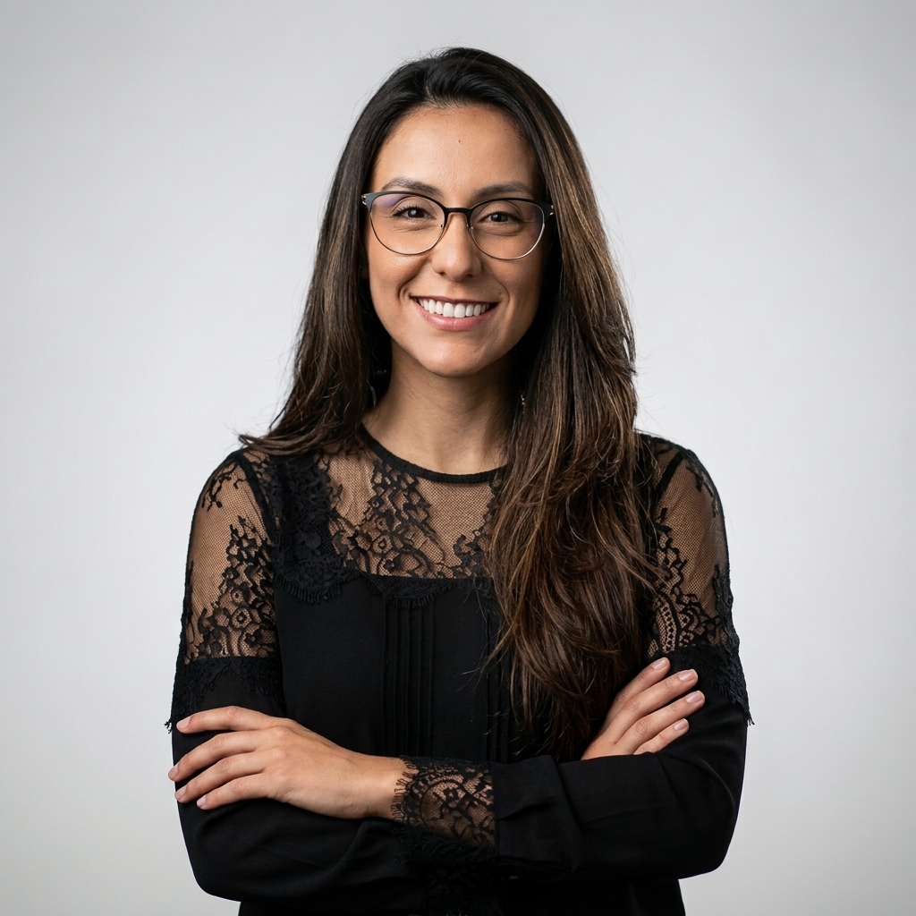 Retrato da professora Roberta Rayra Martins Chaves, de óculos, vestindo blusa preta de renda e com os braços cruzados, diante de fundo claro.