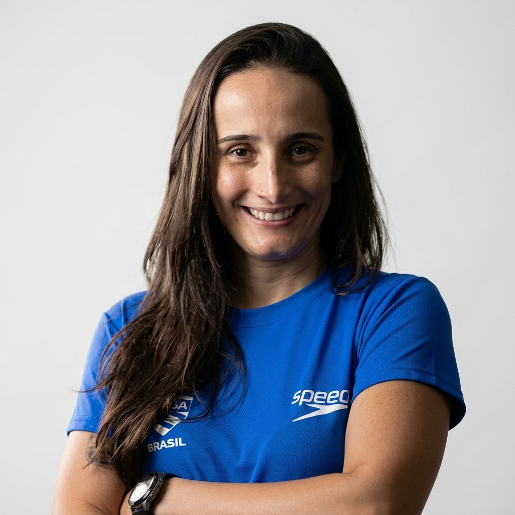 Retrato da professora Tatiana Moreira dos Santos Ribeiro, sorrindo, com cabelos longos e castanhos, vestindo camiseta esportiva azul e mantendo os braços cruzados diante de fundo claro.