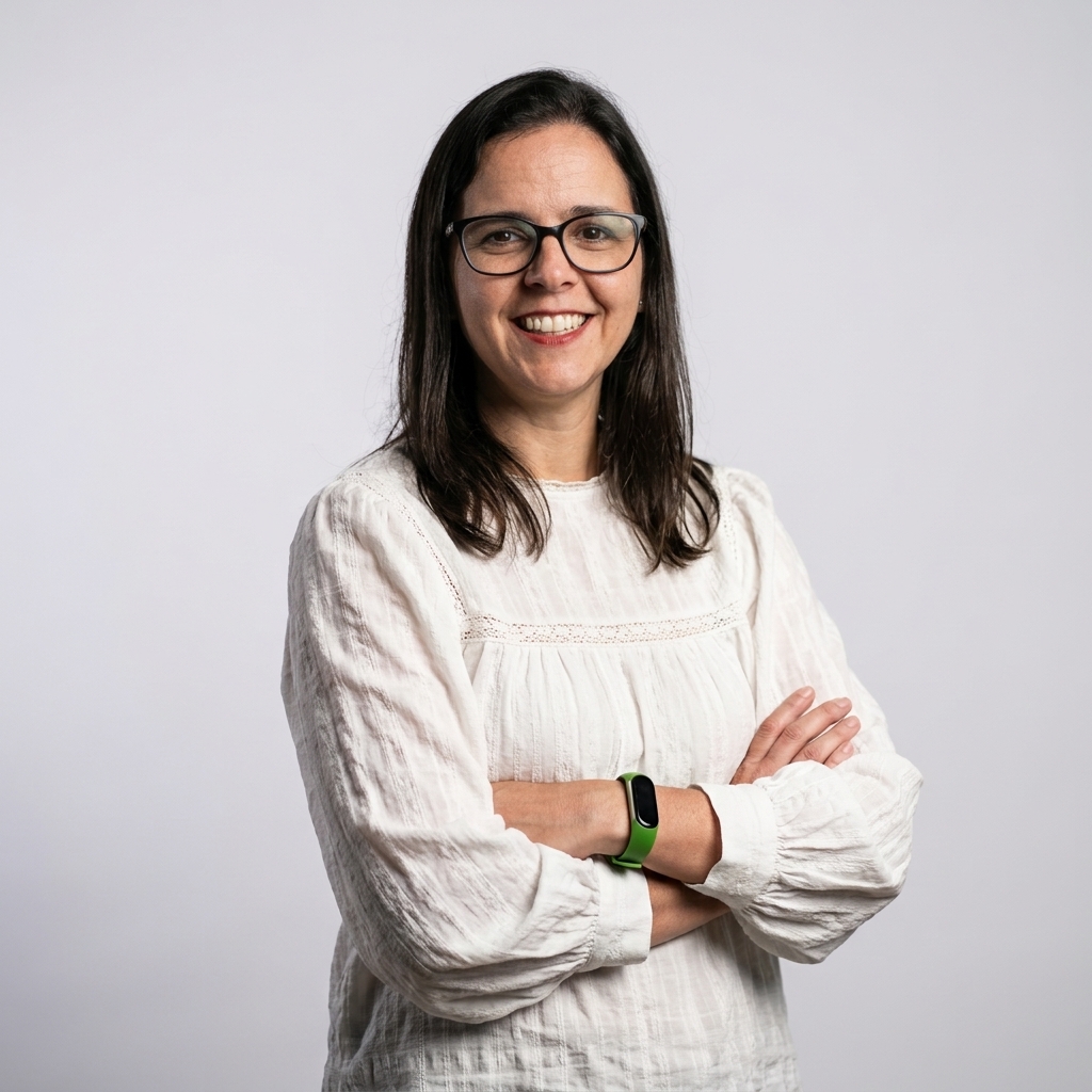 Retrato institucional de Uiara Martins Braga, fisioterapeuta e professora da Faculdade Ciências Médicas de Minas Gerais, com cabelos castanhos escuros, lisos e na altura dos ombros. Usa óculos de armação preta e blusa branca de mangas compridas. Aparece sorrindo, com os braços cruzados, diante de fundo cinza-claro.