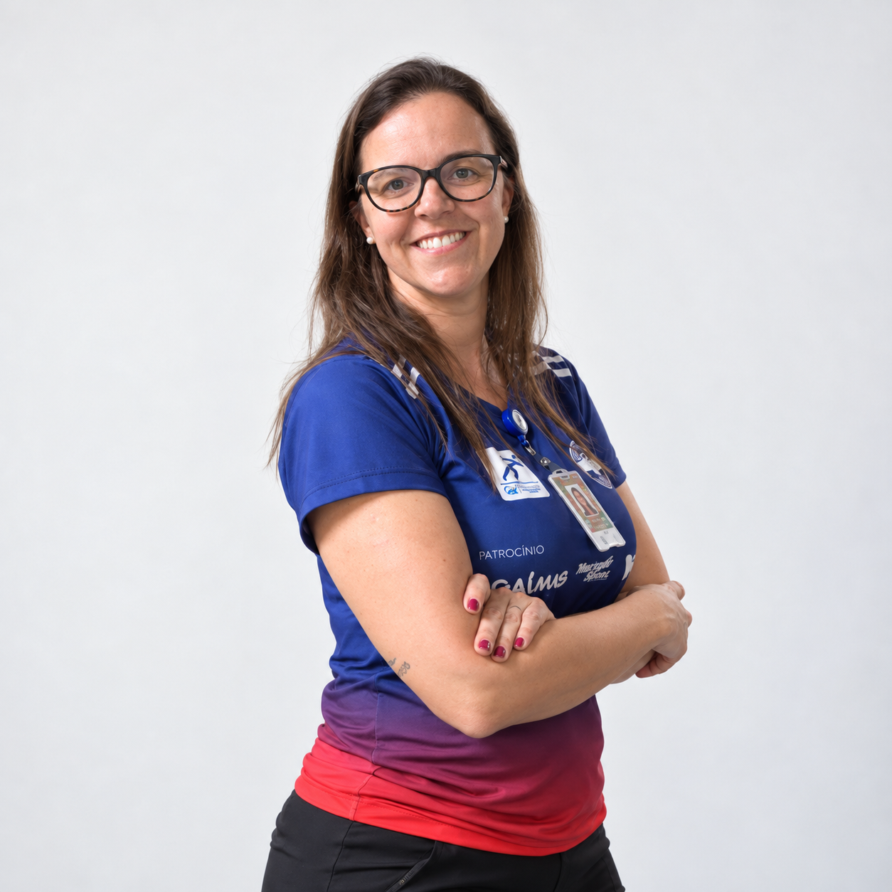 Retrato da professora Uiara Martins Braga, sorrindo, com cabelos castanhos longos, óculos de armação escura e camisa esportiva azul com detalhes vermelhos, de braços cruzados, diante de fundo claro.